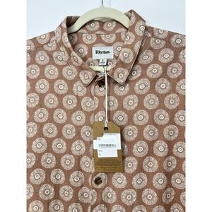 Rhythm Linen Shirt Mens Large Beige Floral Button Cast Ochre Short Sleeves NWT